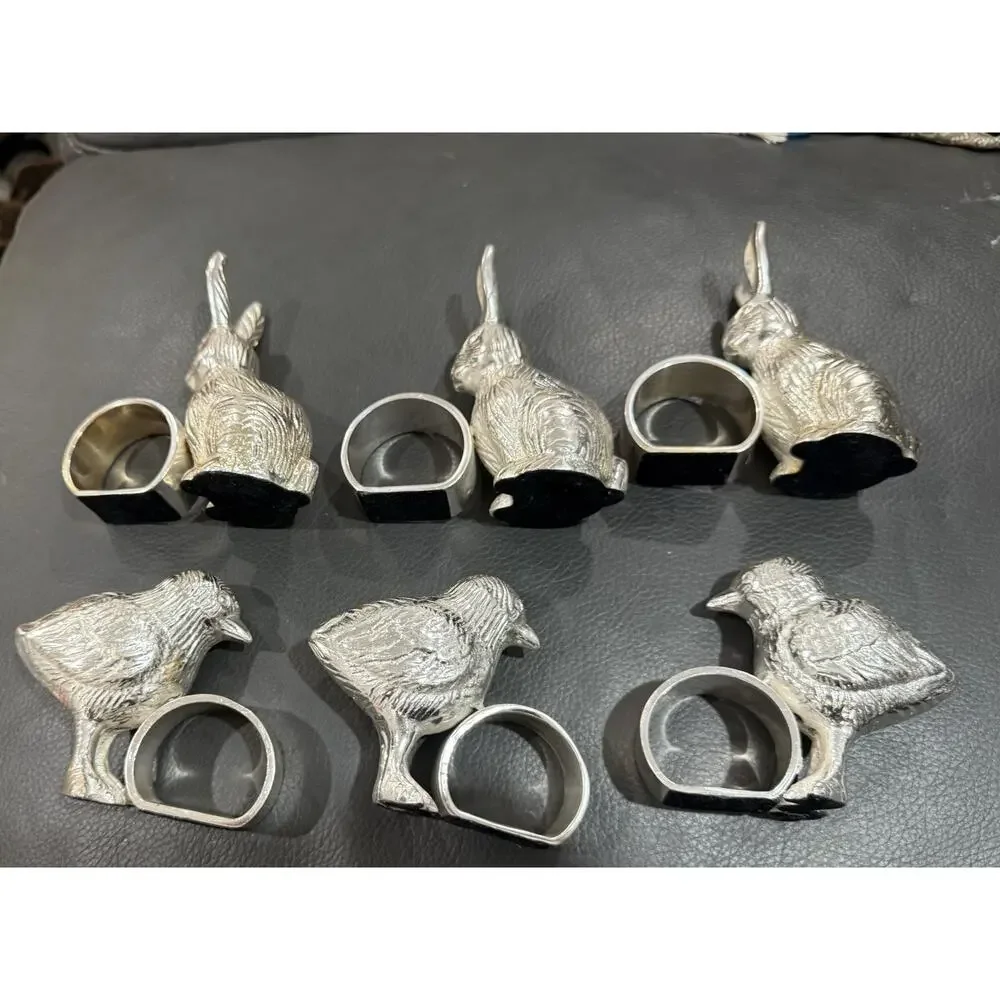 Vintage 3 Rabbit + 3 Chicks Napkin Rings Silver Metallic Lot of 6